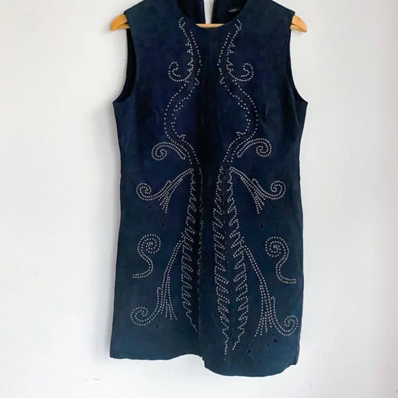 Zara Dark Navy Blue Suede Stud Rivet  Detail Design Sleeveless Shift Dress L - Picture 6 of 7